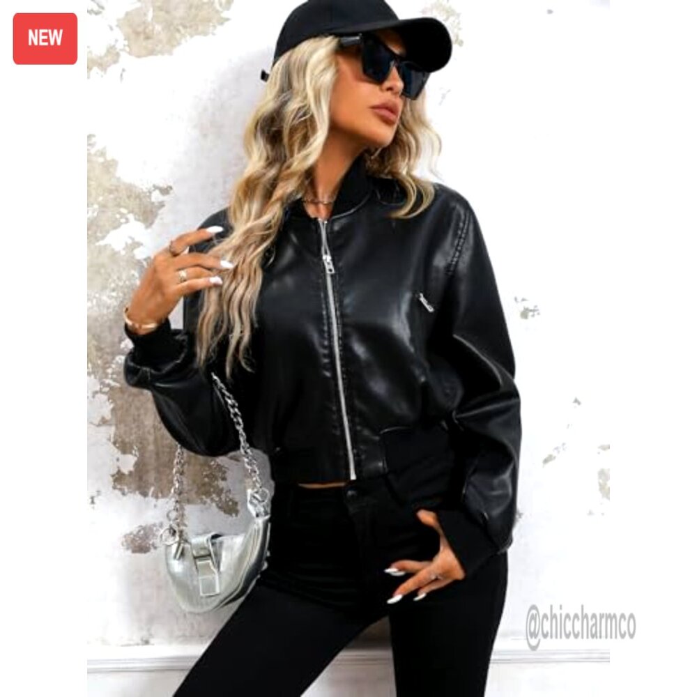 Faux Leather Varsity Bomber Jacket, Biker Style, Zipper Closure, Side Pockets - Picture 5 of 6